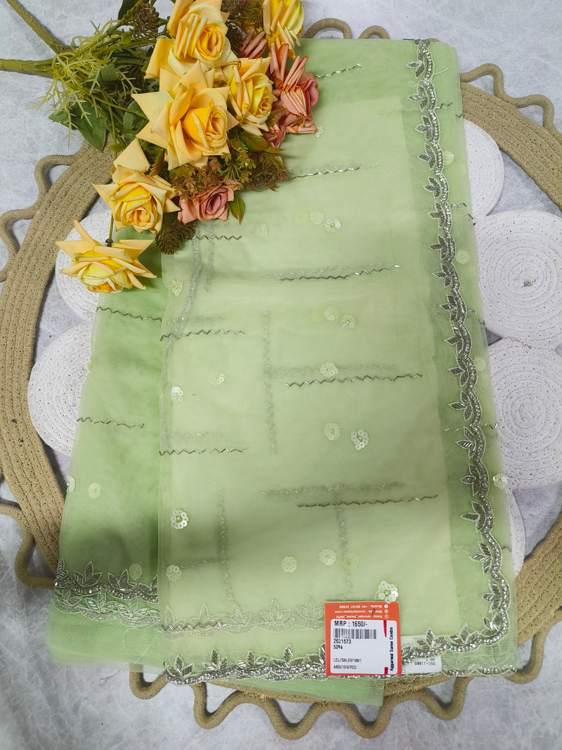Graceful Sage Green Organza Saree with Silver Detailing