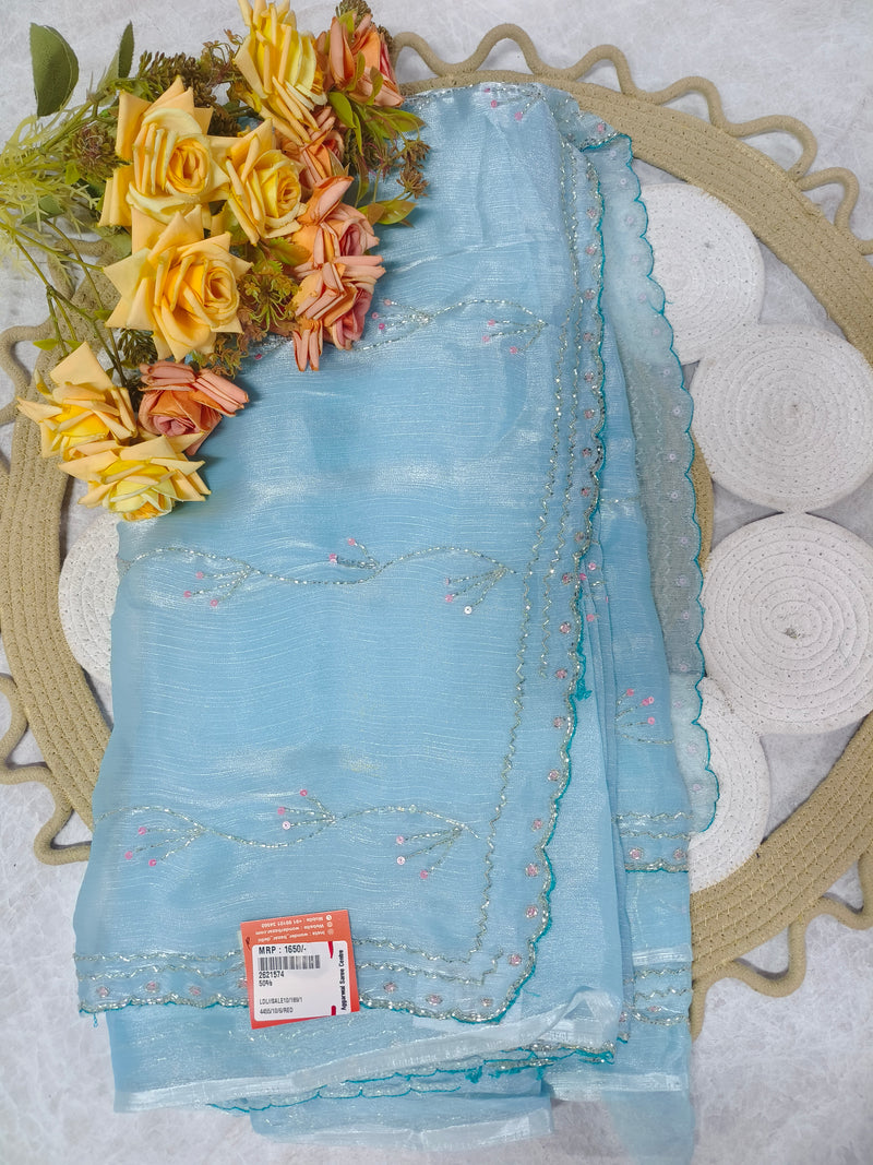 Chic Sky Blue Embellished Saree with Silver Embroidery