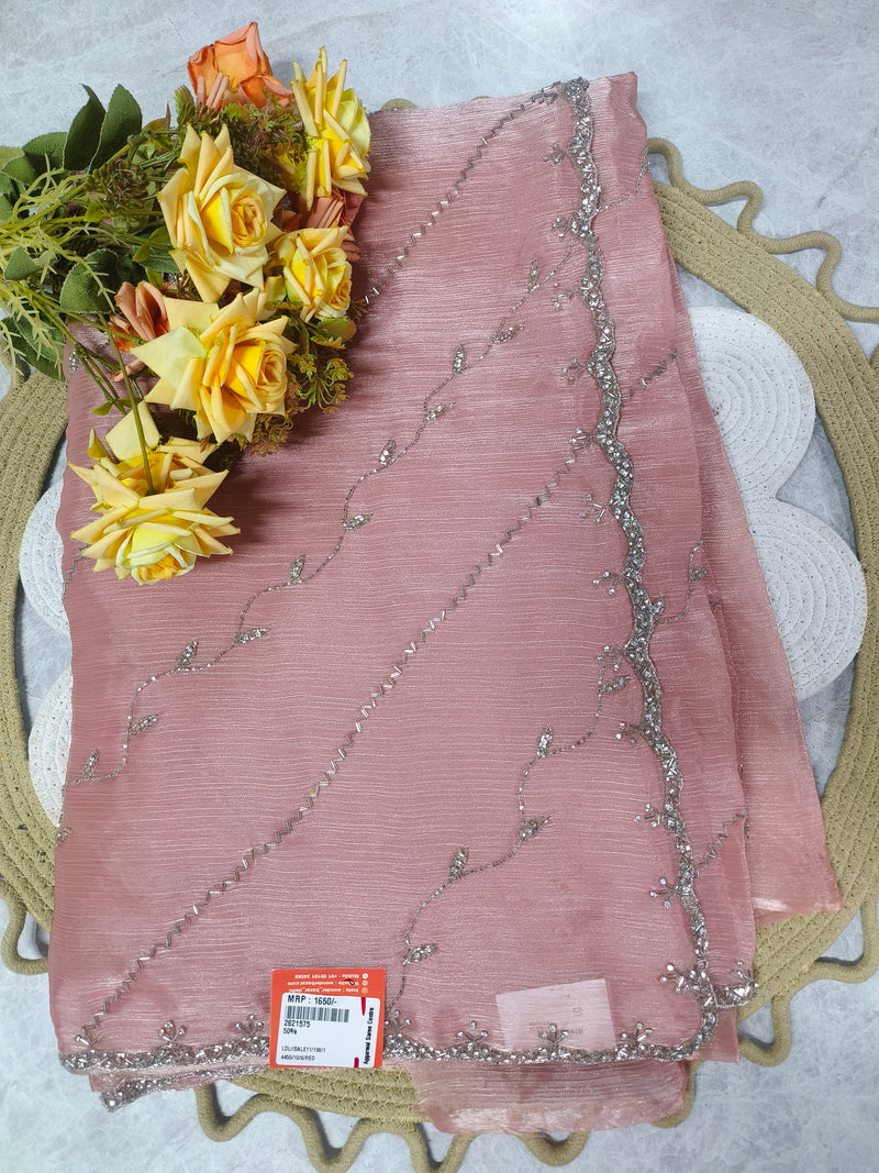 Stunning Dusty Rose Designer Saree with Silver Floral Border