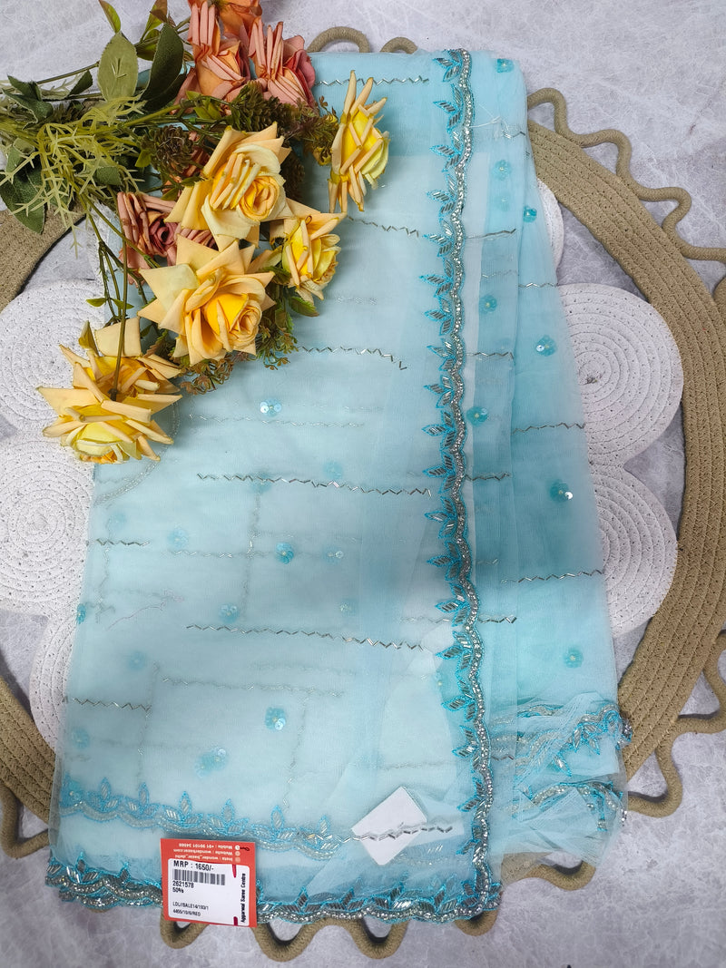Serene Aqua Blue Designer Saree with Delicate Sequin Work