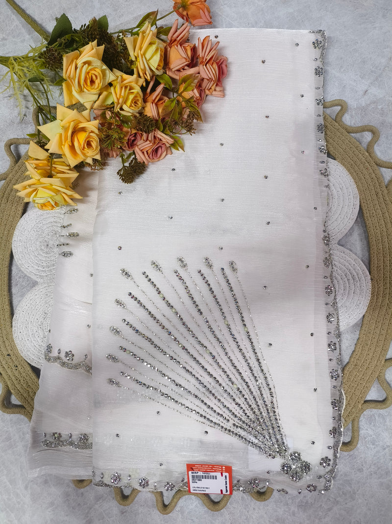 Elegant White Embellished Fancy Saree with Shimmer Border