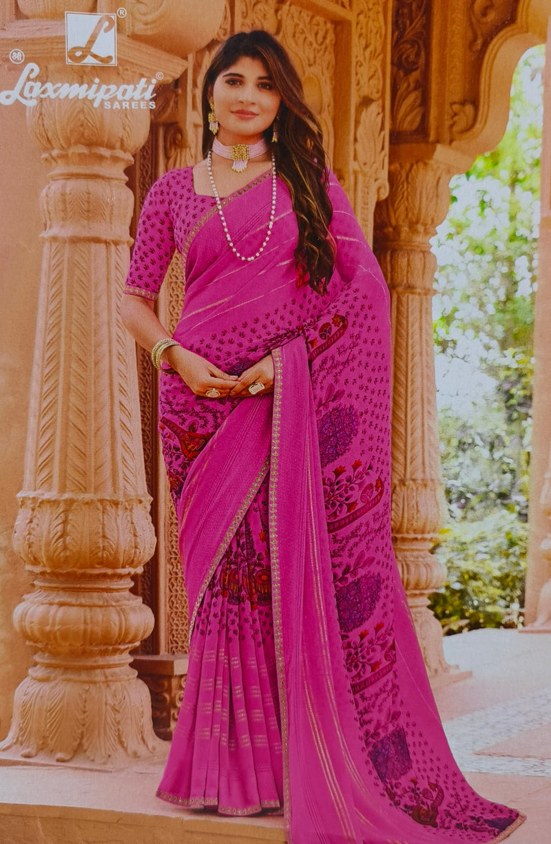 Elegant Magenta Pink Chiffon Saree with Delicate Printed Patterns