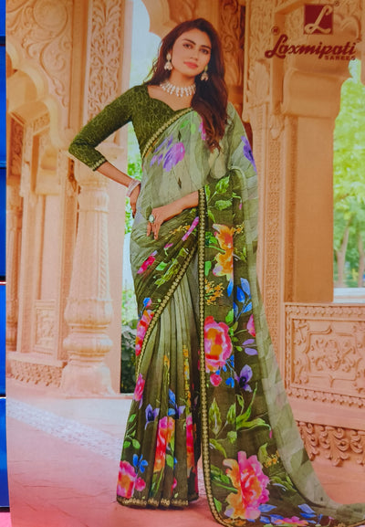 Earthy Olive Green Floral Designer Saree with Chic Border