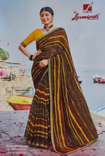 Sophisticated Chocolate Brown and Mustard Striped Designer Saree