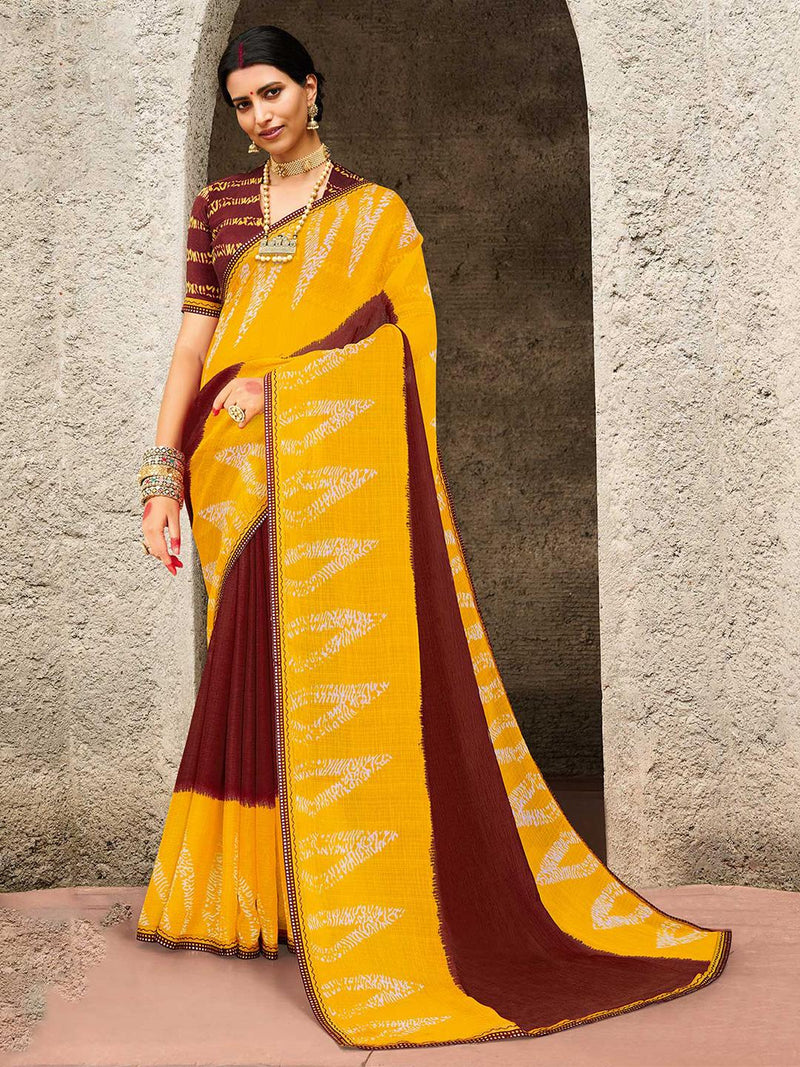 Vibrant Yellow and Maroon Printed Ethnic Saree