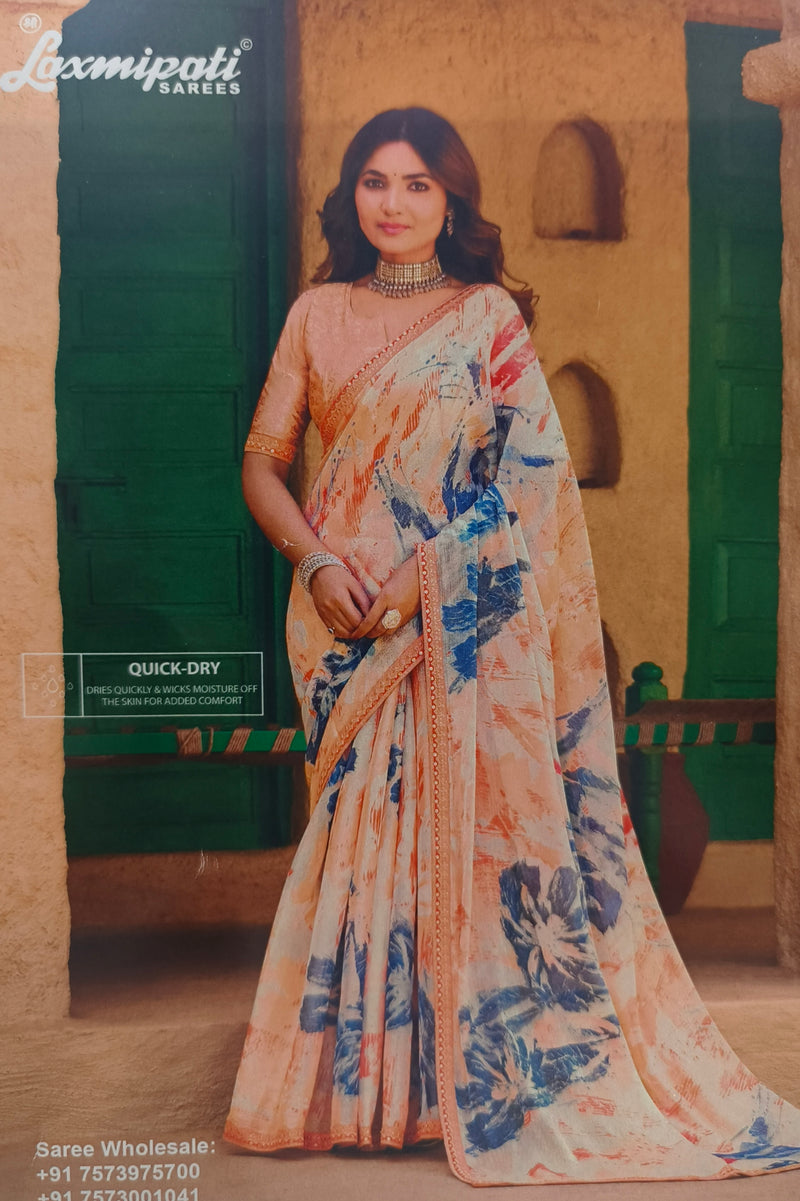 Modern Abstract Print Saree in Soft Peach and Blue