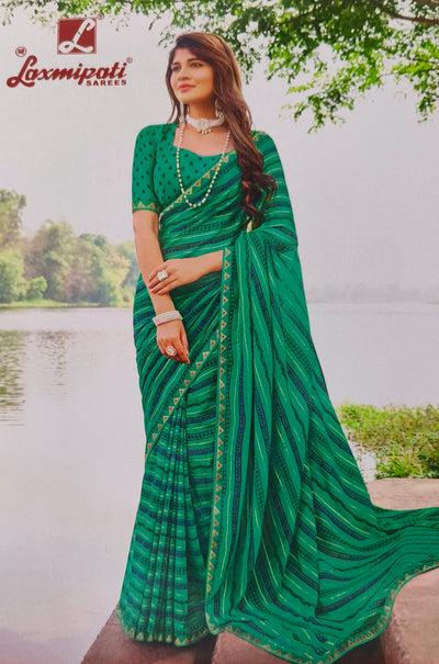 Vibrant Emerald Green Striped Traditional Saree