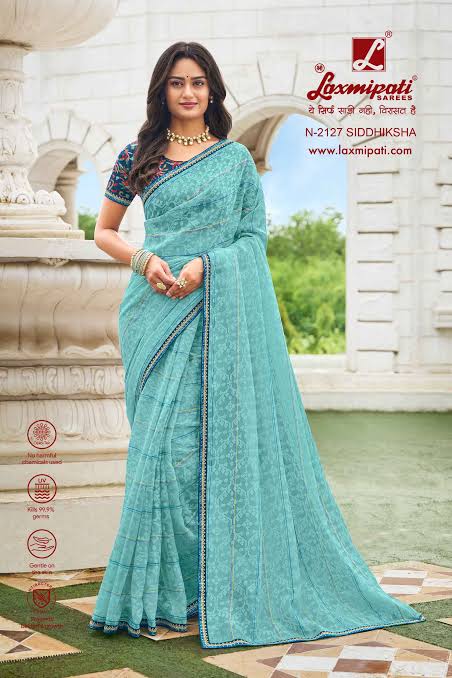 Serene Sky Blue Floral Patterned Saree