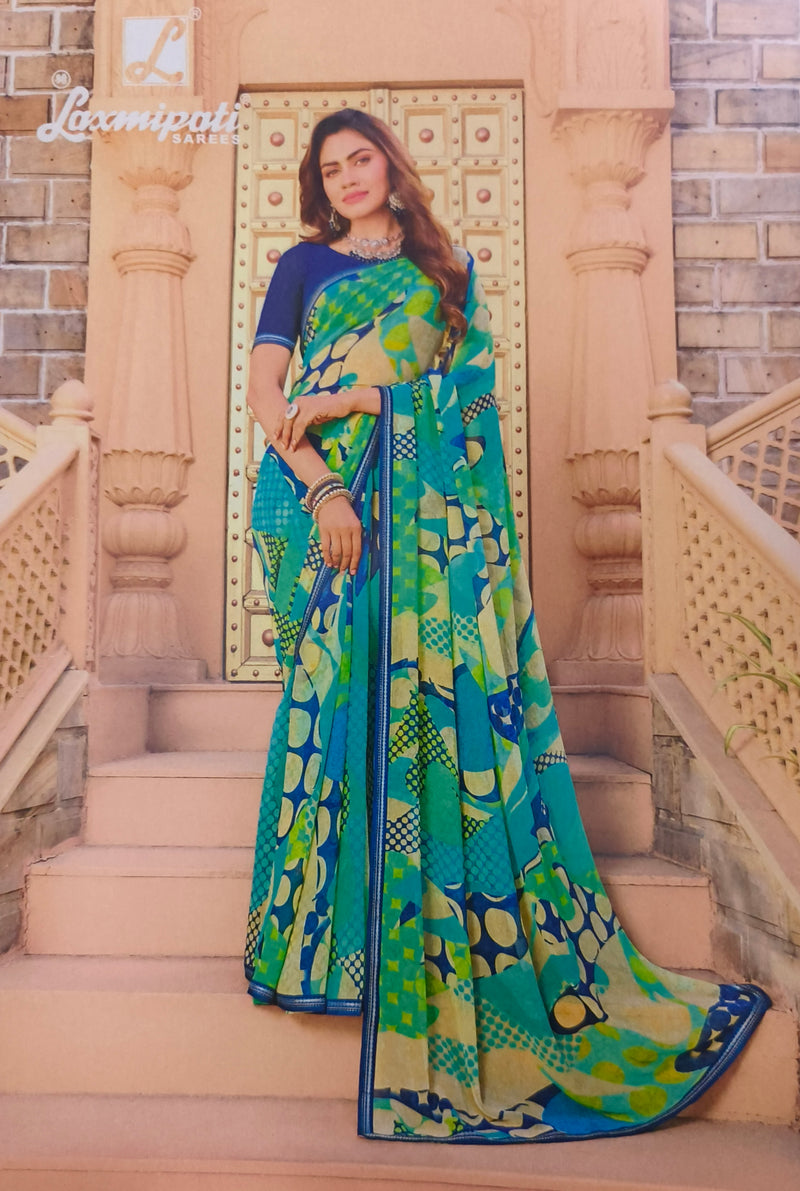 Vibrant Teal & Green Abstract Print Casual Saree
