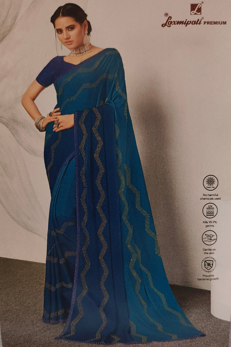 Sophisticated Deep Blue & Gold Patterned Saree