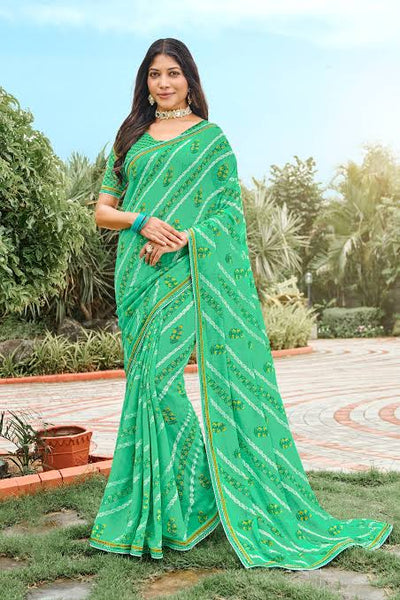 Charming Mint Green Floral Print Saree with Delicate Border