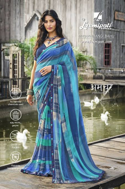 Chic Blue and Teal Geometric Multi-Panel Saree