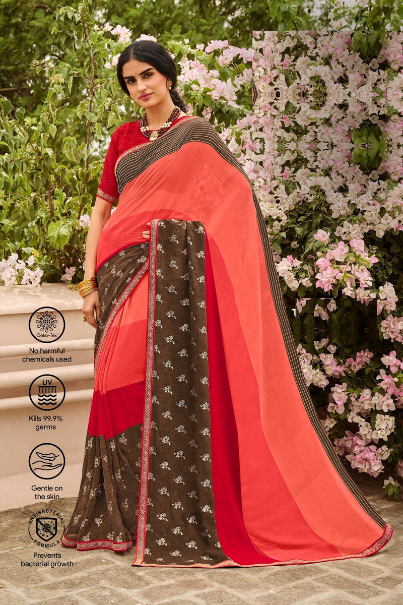 Vibrant Red and Brown Color-Blocked Festive Saree