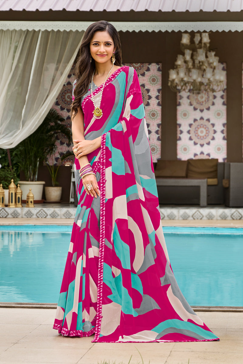 Modern Pink and Turquoise Abstract Print Designer Saree