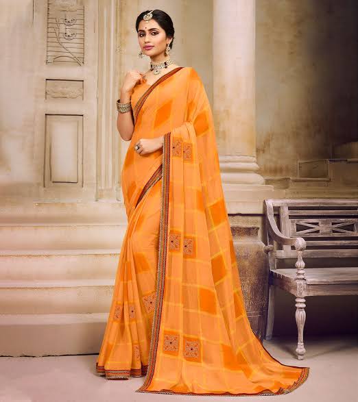 Graceful Orange Checkered Saree with Embellished Borders