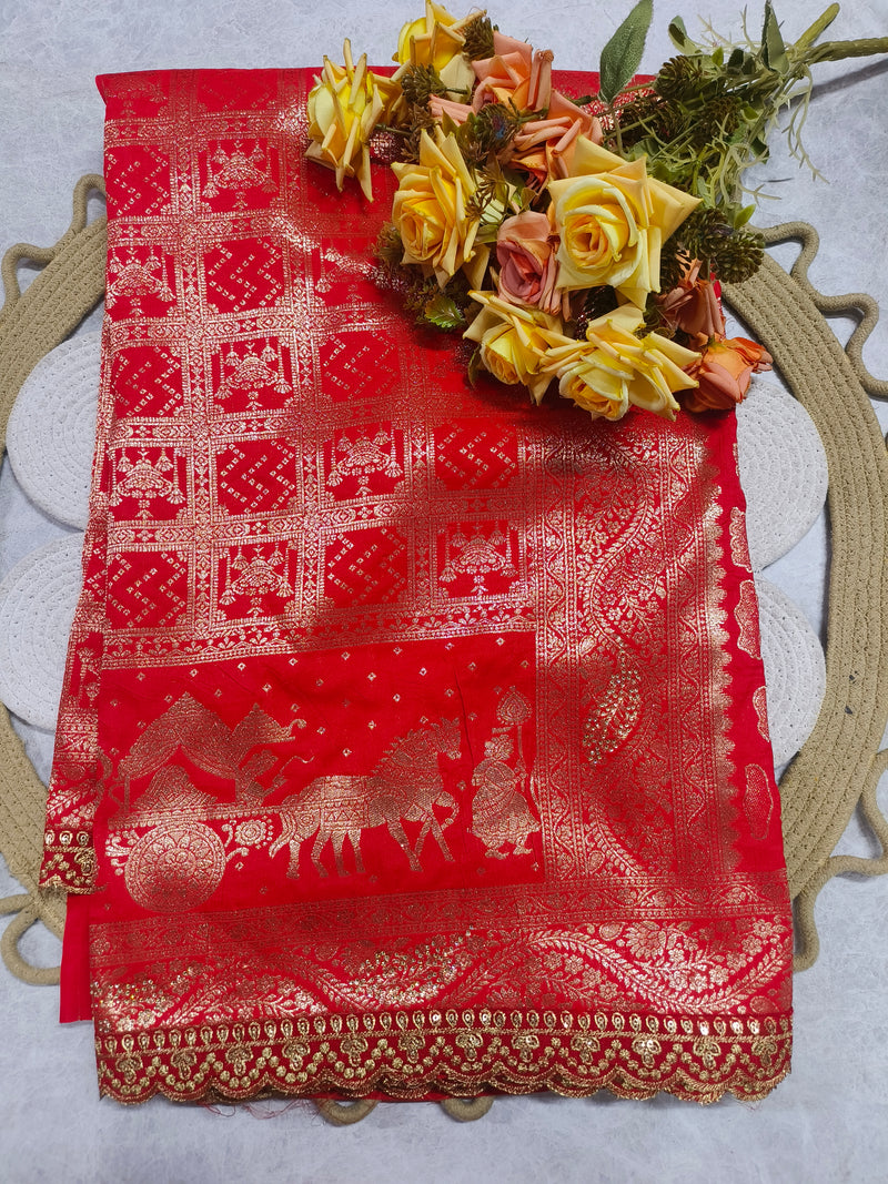 Classic Red Traditional Saree with Intricate Gold Weaving