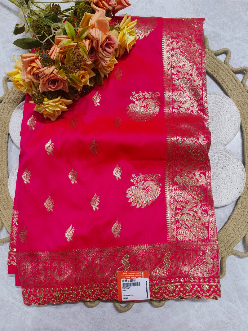 Vibrant Pink Silk-Blend Saree with Gold Peacock Embroidery