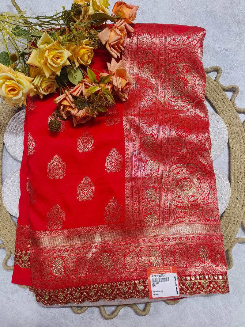 Regal Red & Gold Embroidered Saree with Traditional Borders