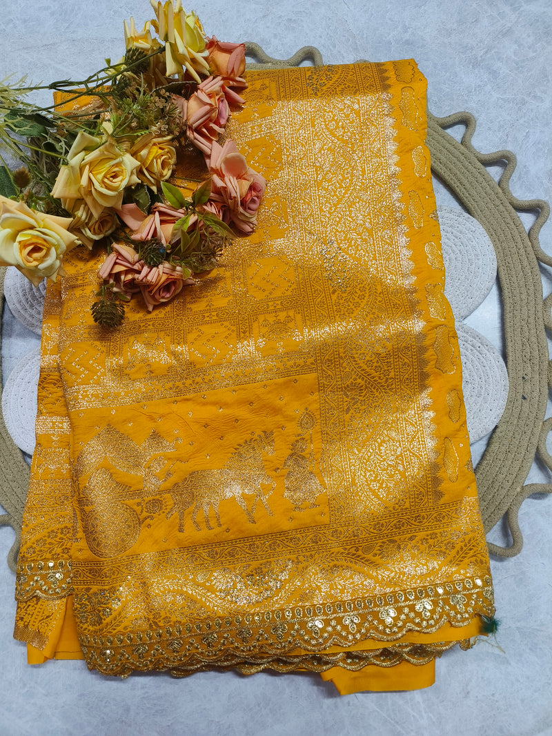 Golden Yellow Traditional Silk Saree with Intricate Zari Weaving