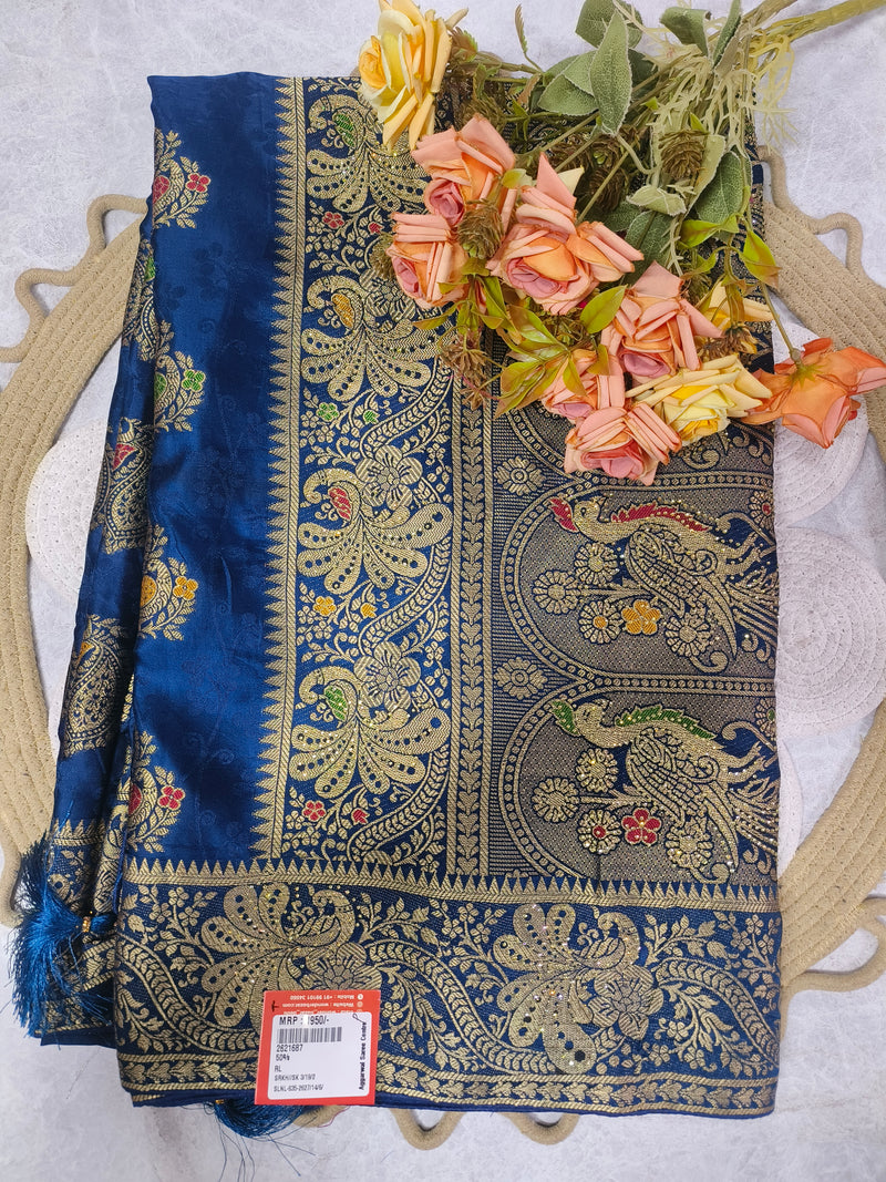 Royal Blue Banarasi-Inspired Saree with Golden Zari Weave