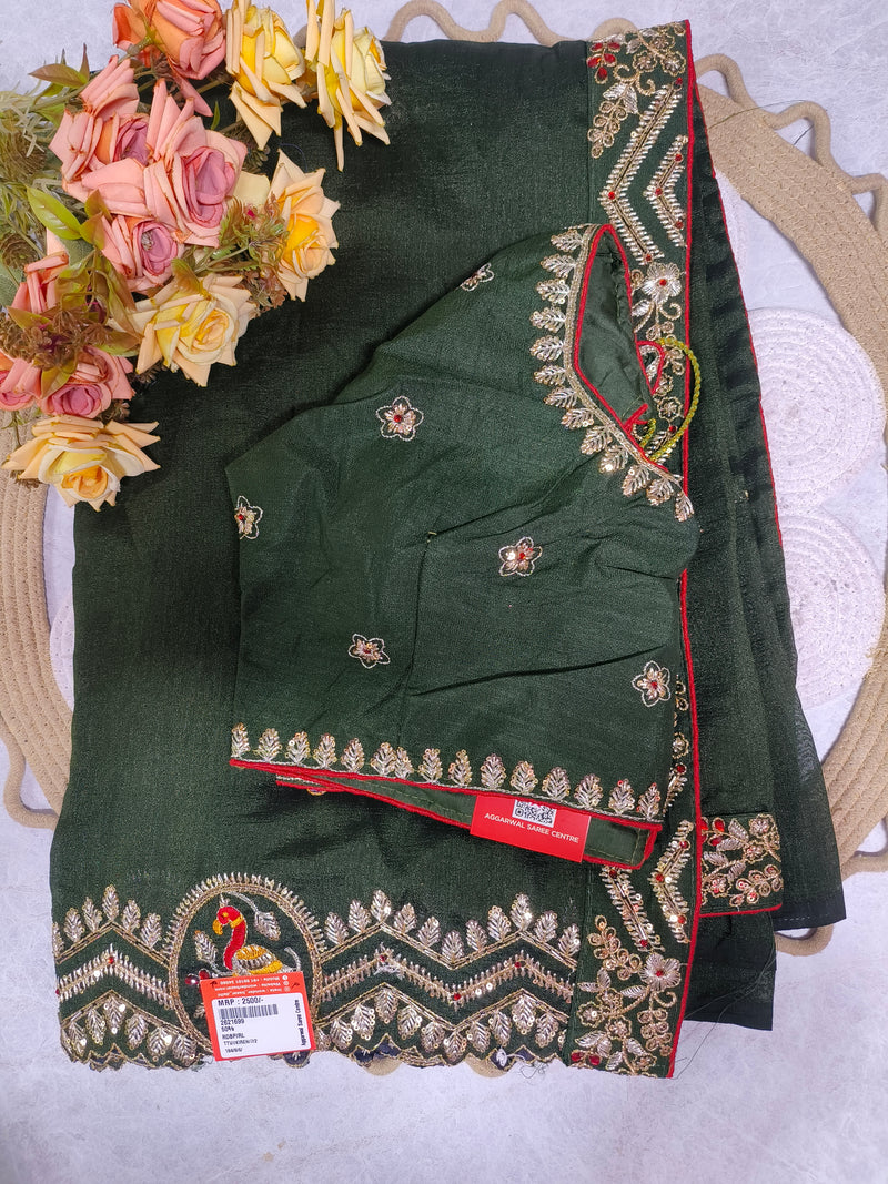Elegant Embellished Dark Emerald Green Festive Saree