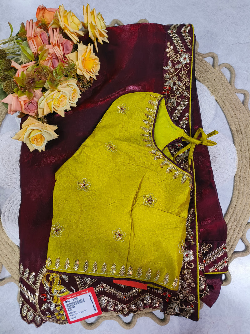 Elegant Deep Wine Embellished Evening Festive Saree
