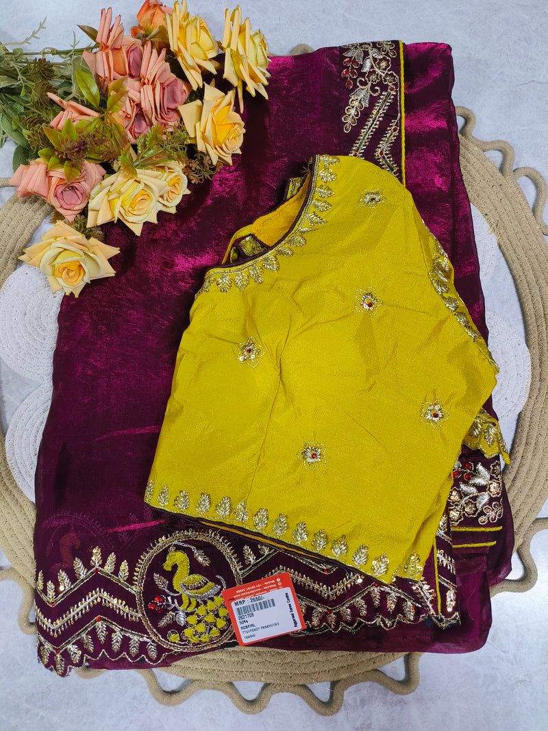 Elegant Deep Wine Embellished Evening Festive Saree