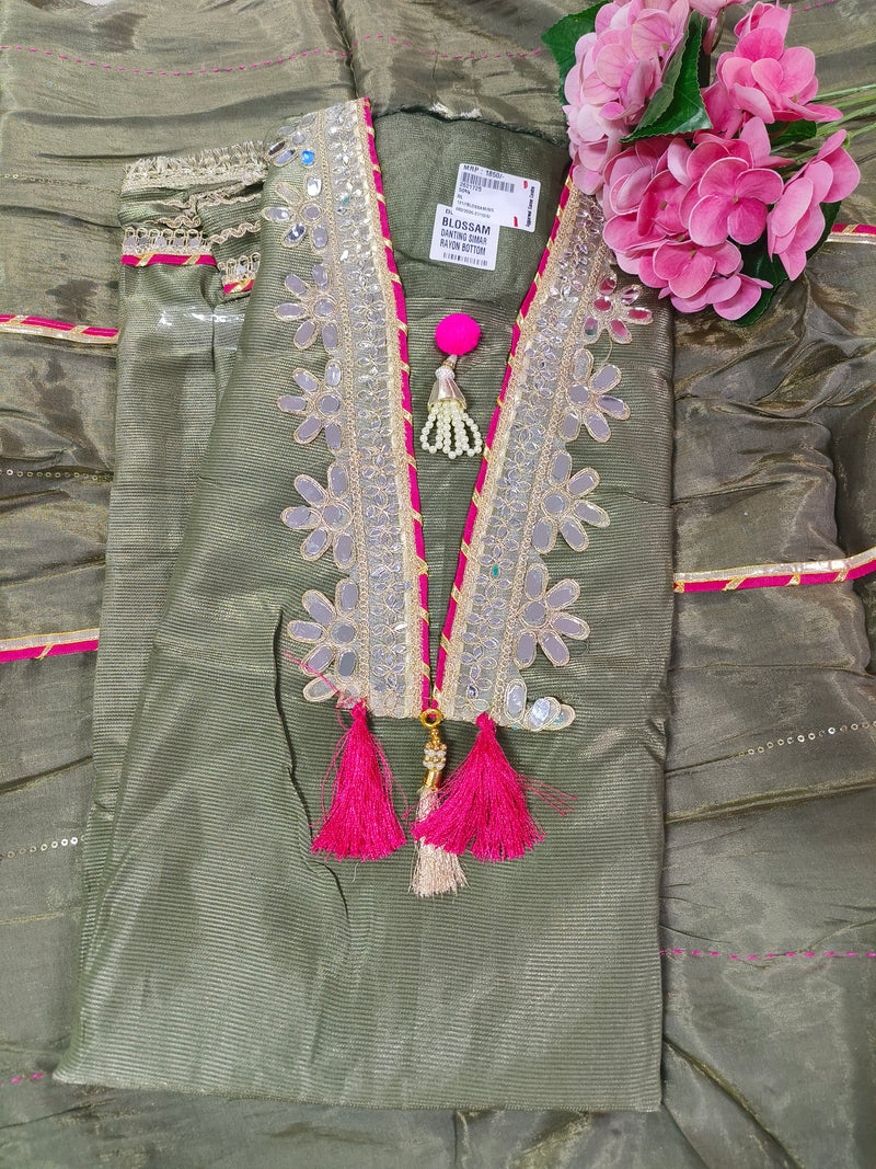 Radiant Olive Green Mirror Work Suit with Tassels