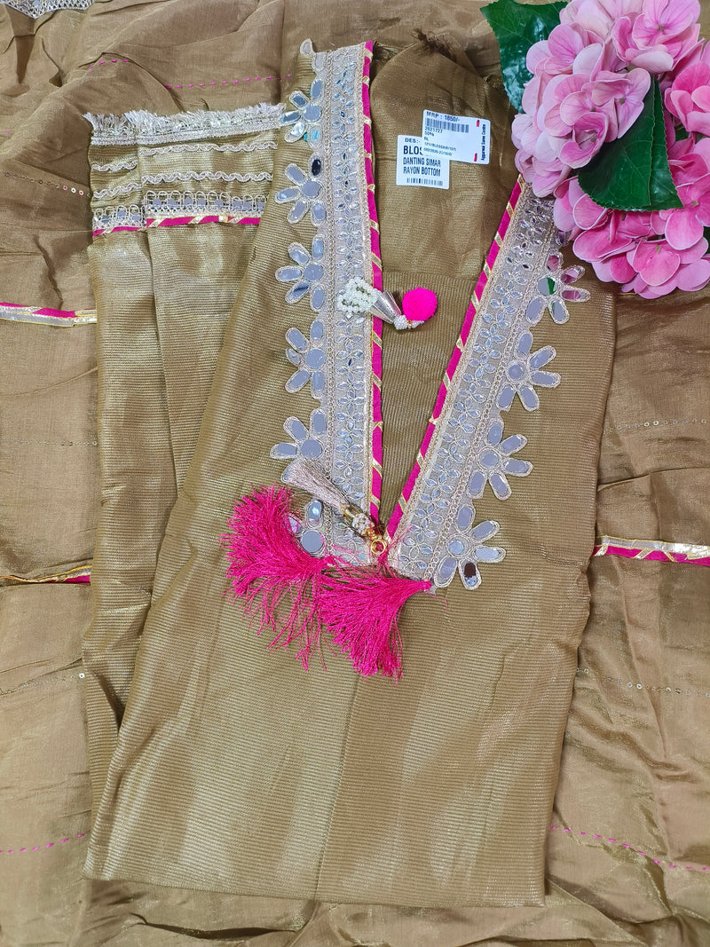 Radiant Olive Green Mirror Work Suit with Tassels