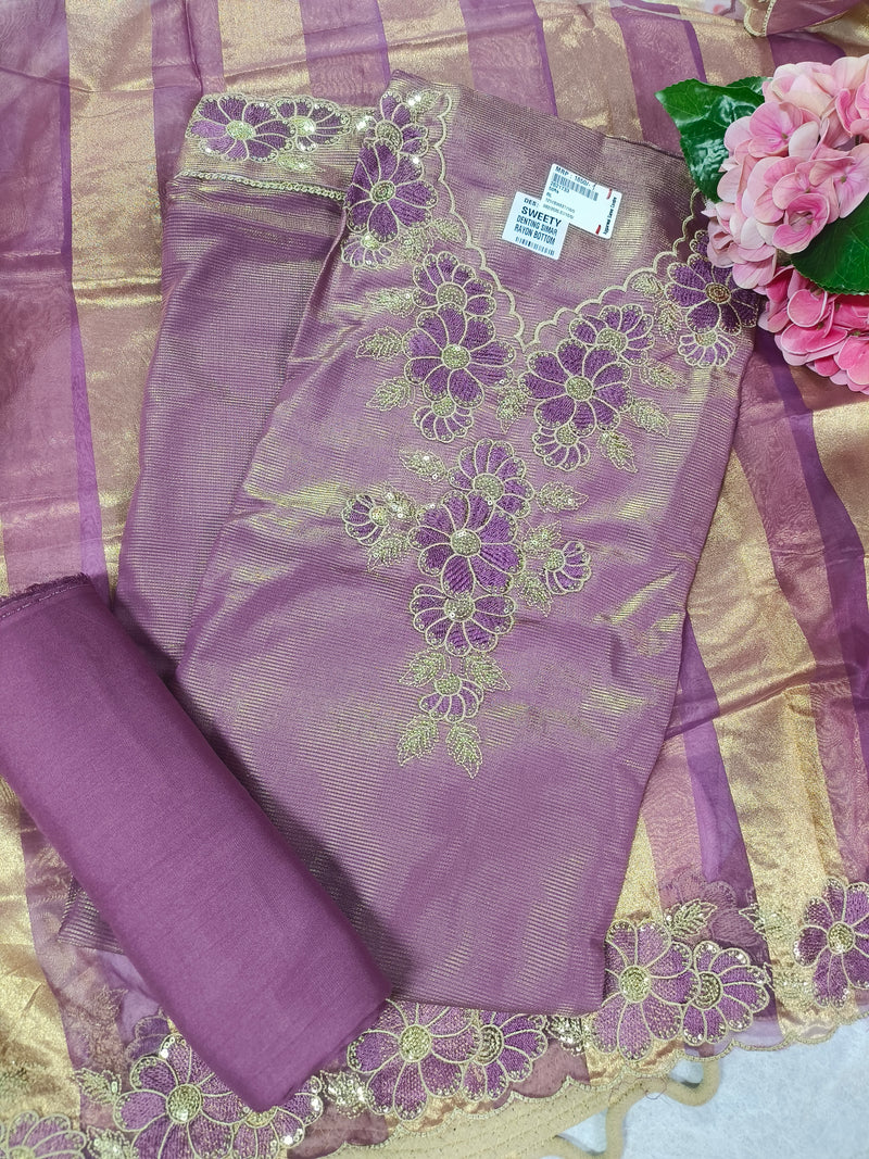 Floral Embroidered Lilac Ethnic Suit with Gold Accents