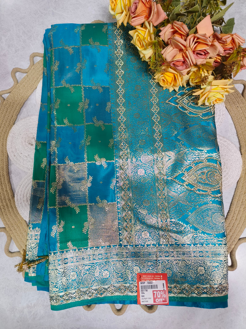 Sophisticated Teal and Blue Checkered Fancy Saree