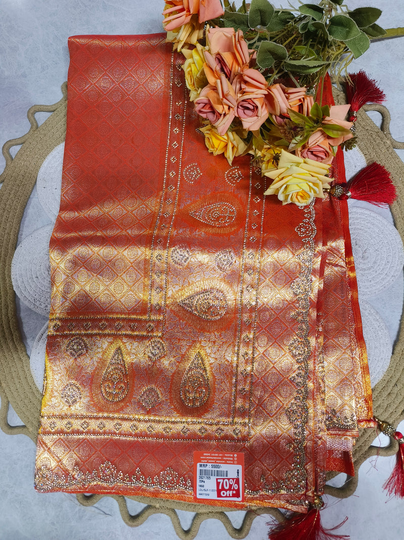 Radiant Orange Embroidered Ethnic Saree with Rich Zari Border