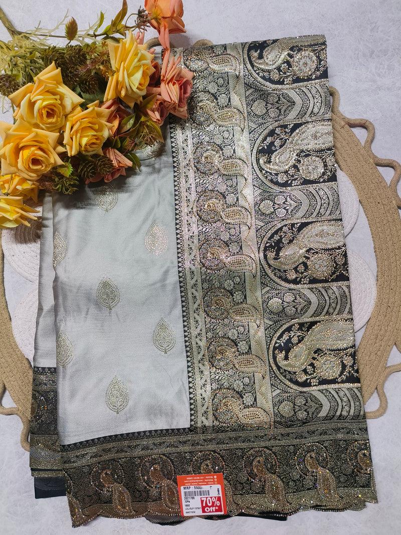 Luxury Silver-Grey Banarasi Inspired Fancy Saree
