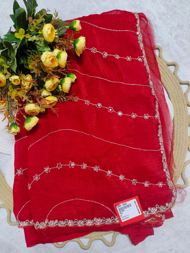 Stunning Red Fancy Saree with Mirror-Work Detailing