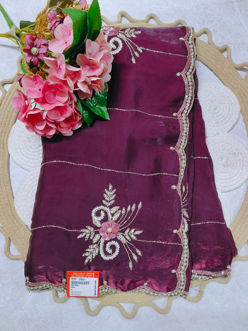 Rich Deep Wine Silk Saree with Exquisite Embellished Border