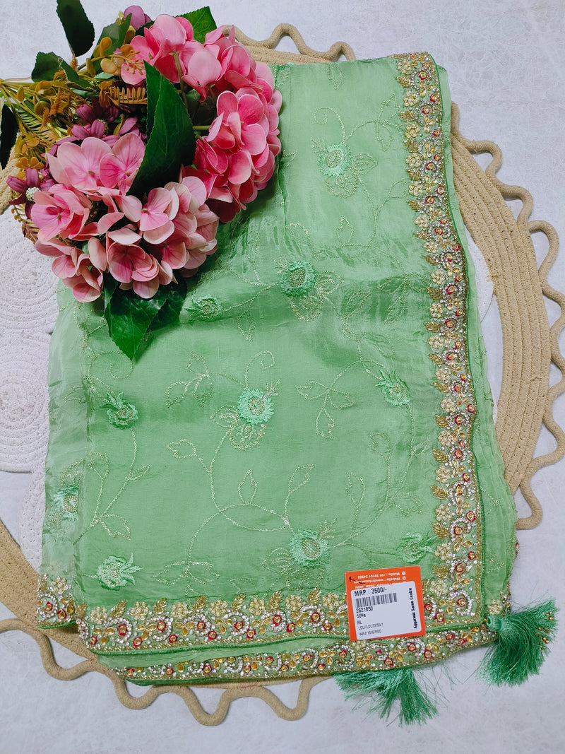 Enchanting Mint Green Fancy Saree with Elaborate Floral Embroidery