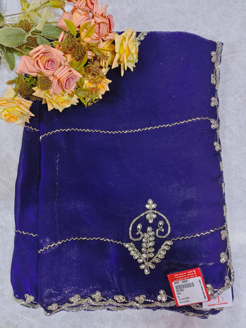 Elegant Royal Blue Embellished Fancy Saree with Silver Accents