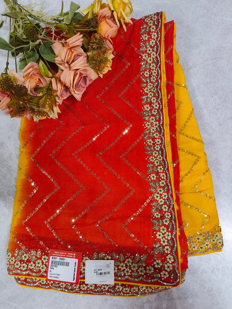 Vibrant Red & Yellow Dual-Tone Embellished Festive Saree
