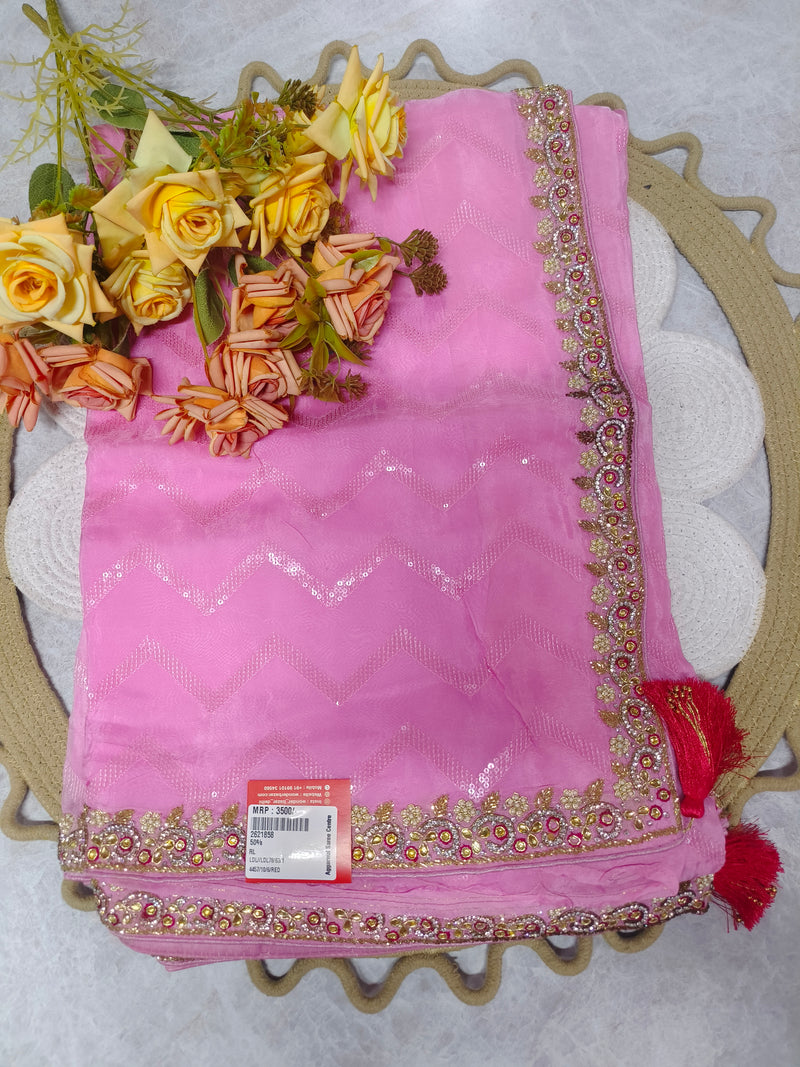 Blush Pink Zig-Zag Embroidered Saree with Tassels and Heavy Border