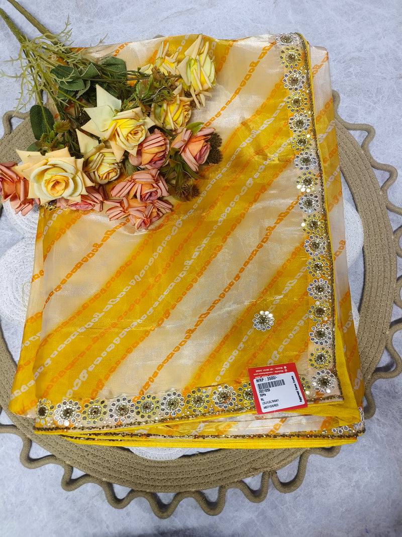 Radiant Yellow Bandhani-Inspired Saree with Mirror Work Border