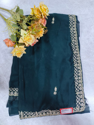 Chic Dark Teal Embellished Designer Fancy Saree