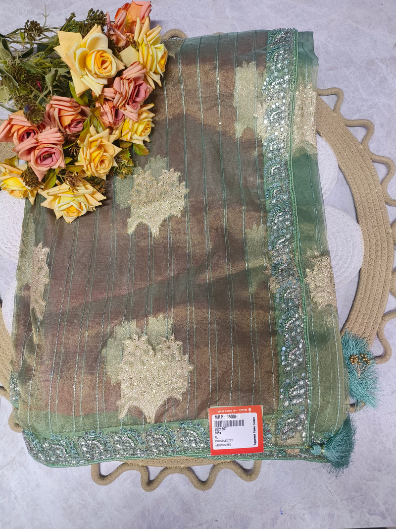 Sophisticated Green Organza Saree with Mirror Embellishments