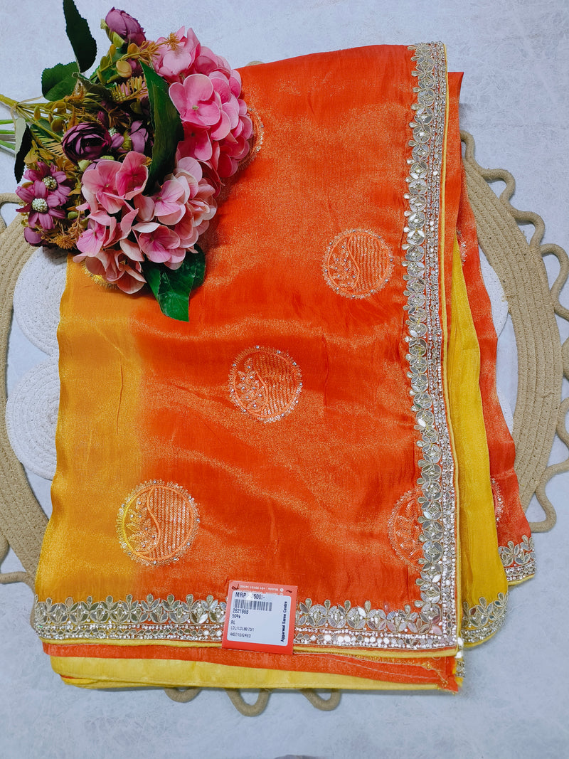 Vibrant Orange and Yellow Ombre Fancy Saree with Mirror Work