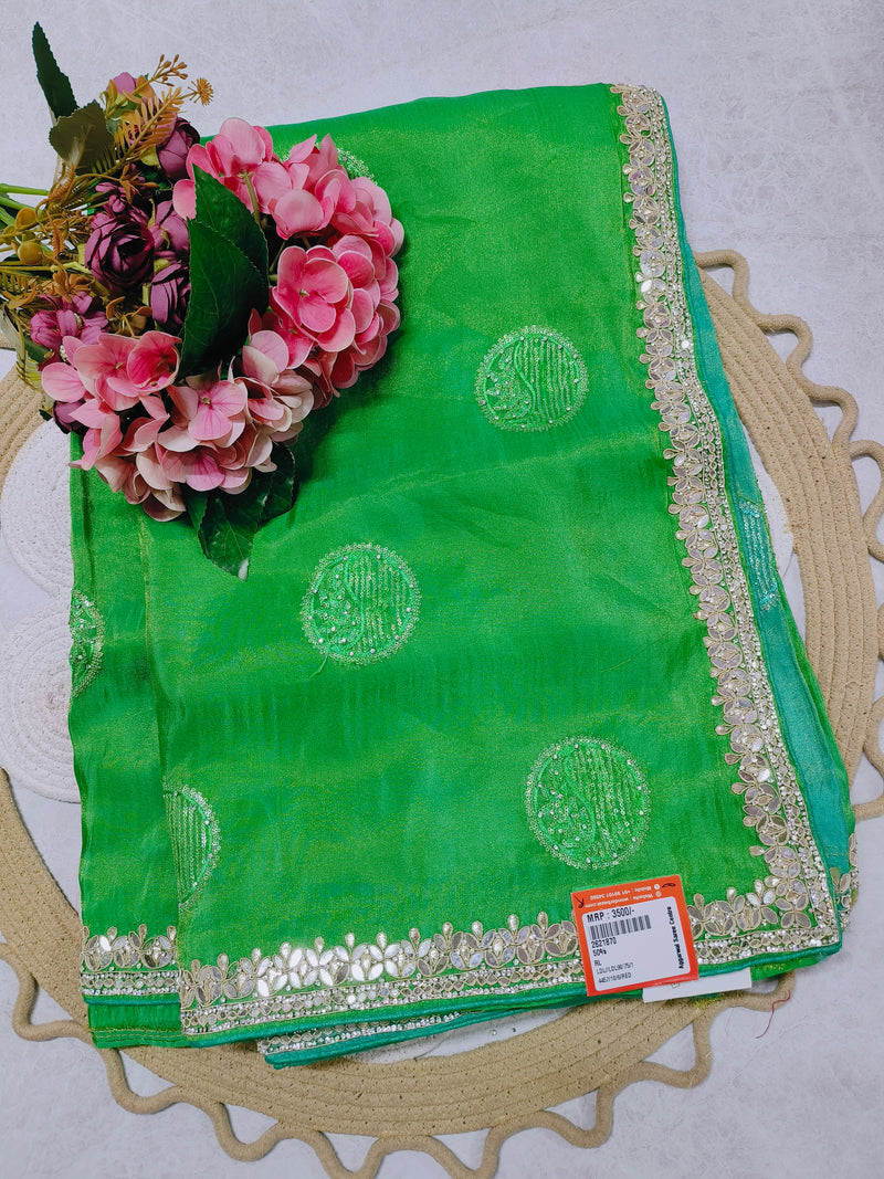 Lush Green Fancy Saree with Intricate Mirror and Stone Embellishments