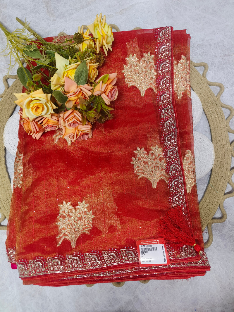 Classic Red Festive Saree with Intricate Gold Foliage and Border Work