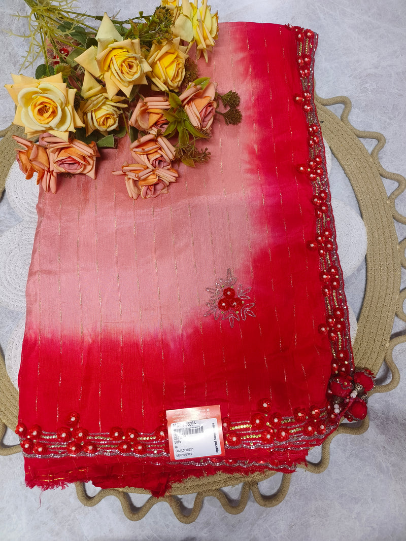 Radiant Red Ombré Saree with Pearl Embellished Border