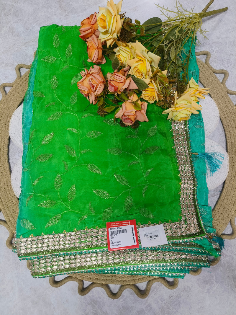 Vibrant Green Embroidered Fancy Saree with Heavy Gota Border
