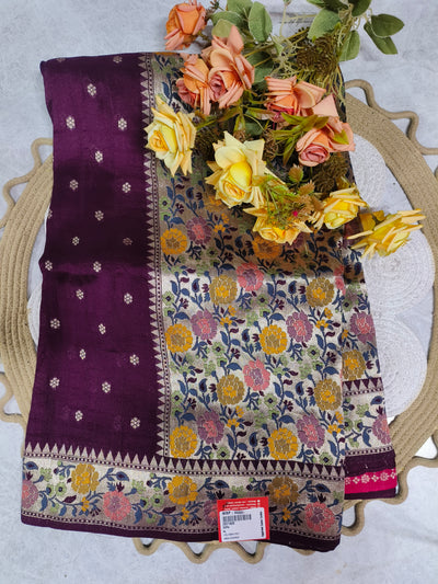 Elegant Deep Plum Floral Zari Silk Saree