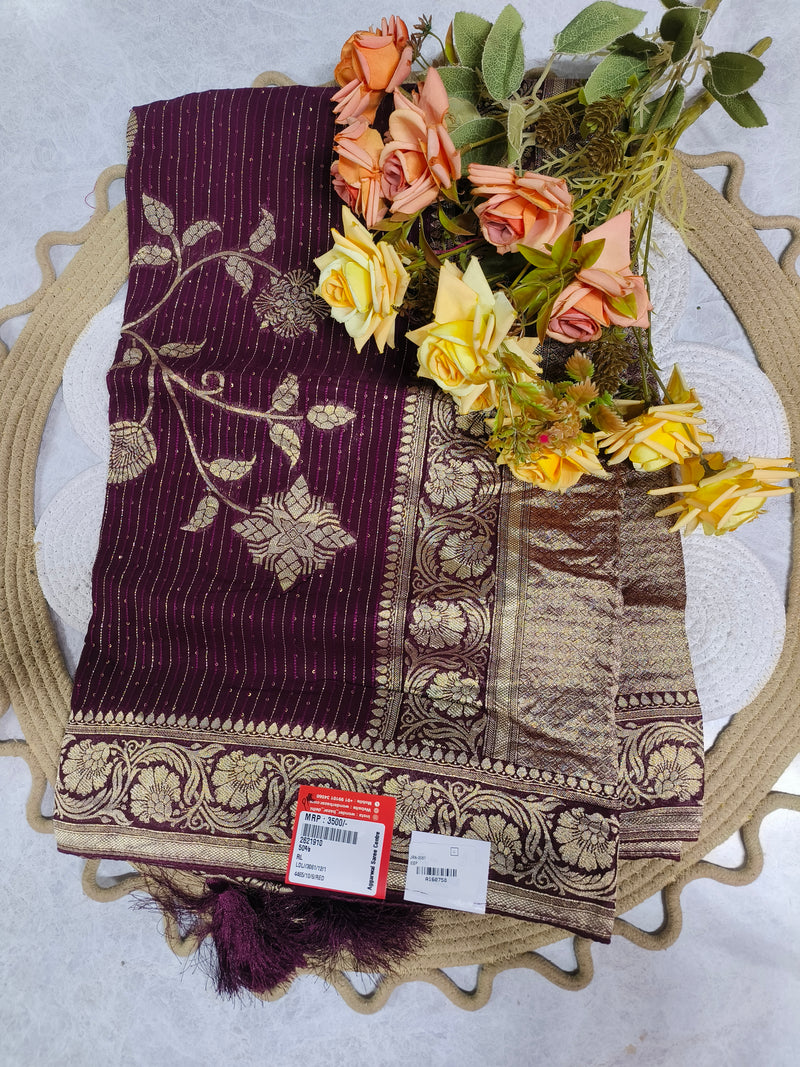 Elegant Deep Plum Floral Zari Silk Saree