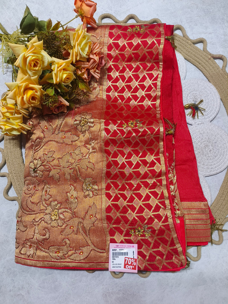 Radiant Red Fancy Saree with Rich Golden Floral Embroidery